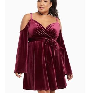 Torrid Merlot Velvet Cold-Shoulder Surplice Dress